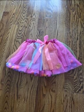Expressions Pink Multicolor Pom-Pom Tulle Skirt with Ribbon Waist